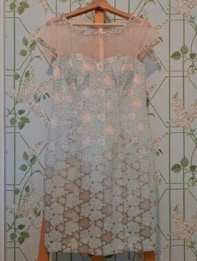 Embellished Floral Brocade Cocktail Dress, Pale Blue & Gold With Peach Mesh Yoke